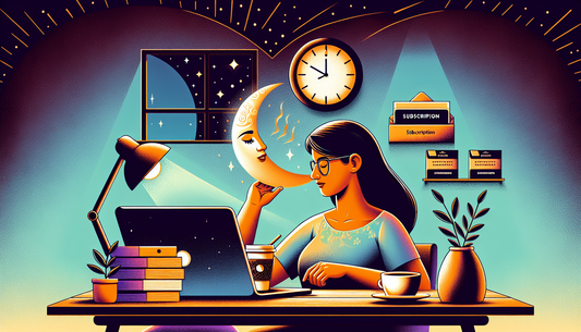 Illustrate a vivid scene representing the concept of a Subscription Coffee Service aimed to boost evening productivity. Show a late-night scenario where a South Asian female is working diligently on h