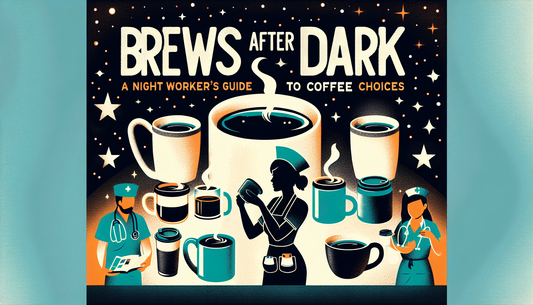 A cover image for a guide titled 'Brews After Dark: A Night Worker's Guide to Coffee Choices'. The image features a dark, starlit night background with a graphic of a variety of coffee mugs, each fill