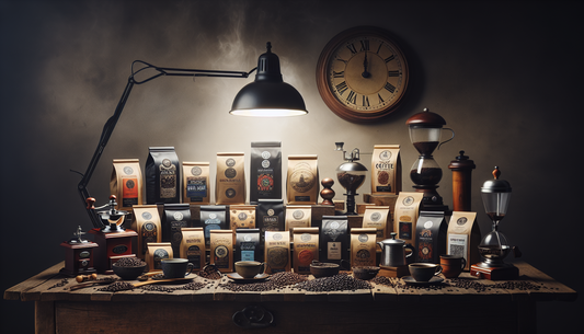 An array of various gourmet coffee selections spread across a rustic wooden table under the soft glow of a classic desk lamp. Each coffee package is distinctly characterized by its unique origin and r